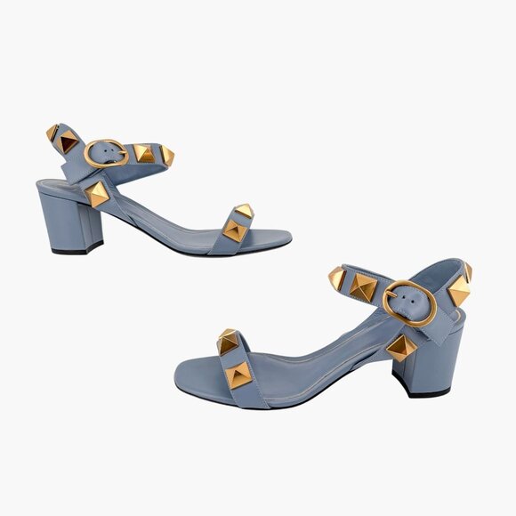 Valentino Garavani Roman Stud Block Heel Sandals Blue Leather Size 39 US 9 - Picture 7 of 15